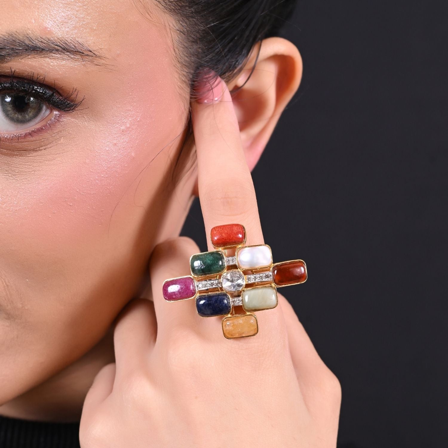 The Cross Grid Navratan Ring