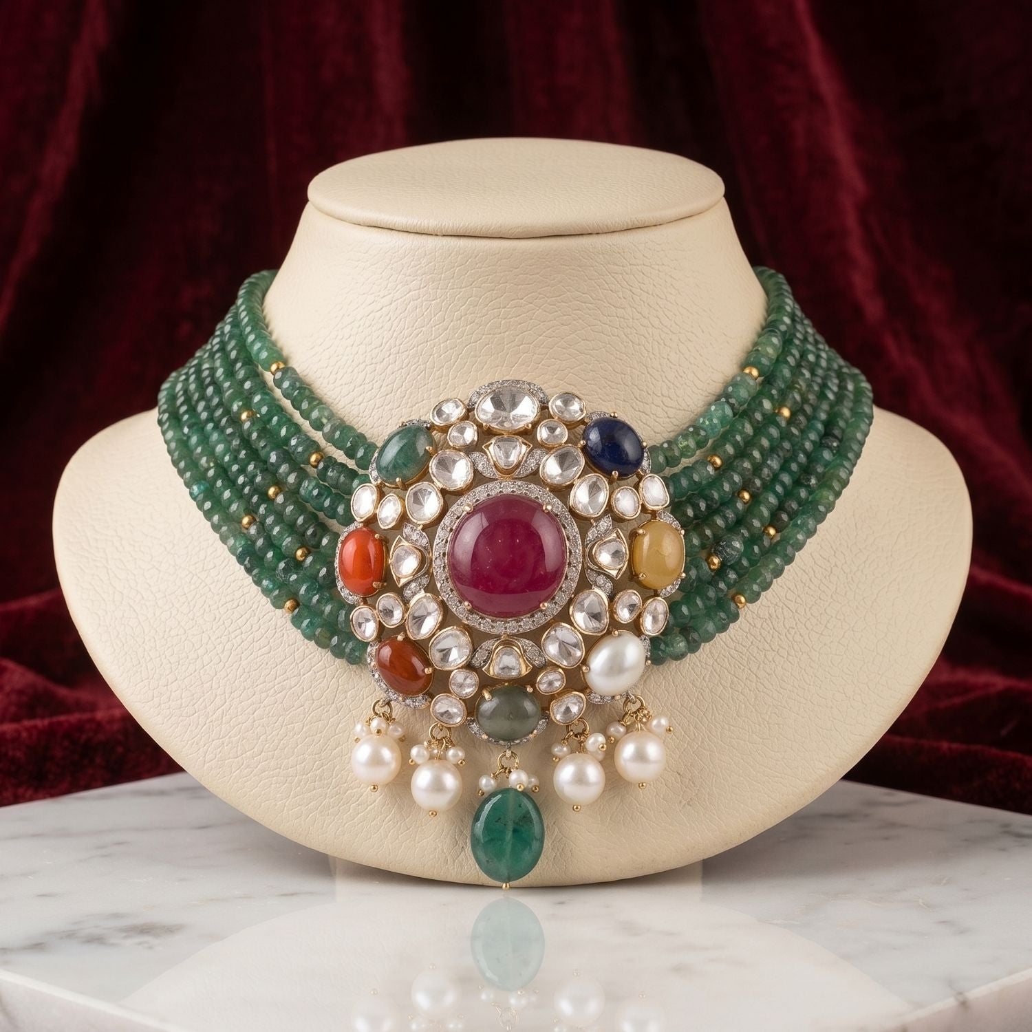 Floral Hue Emerald Necklace Set