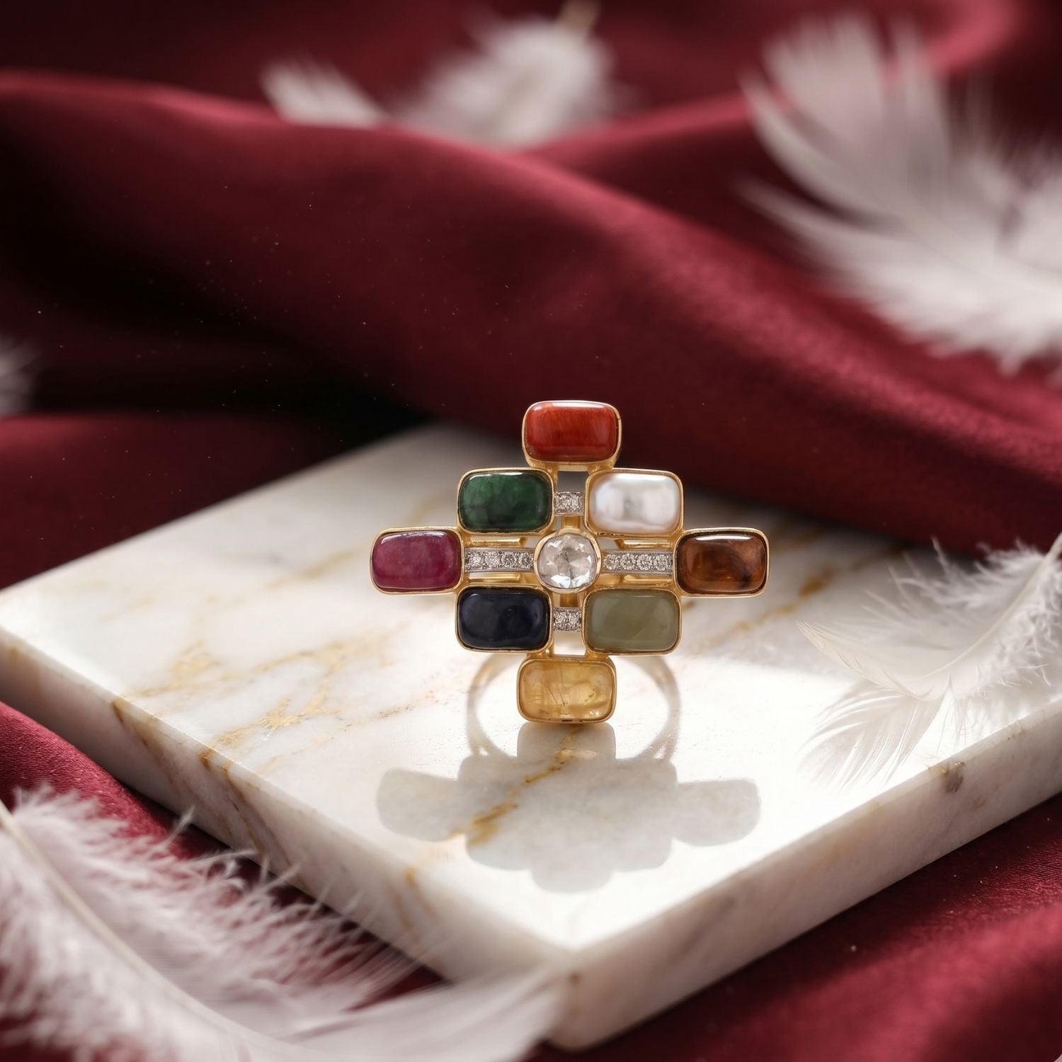 The Cross Grid Navratan Ring