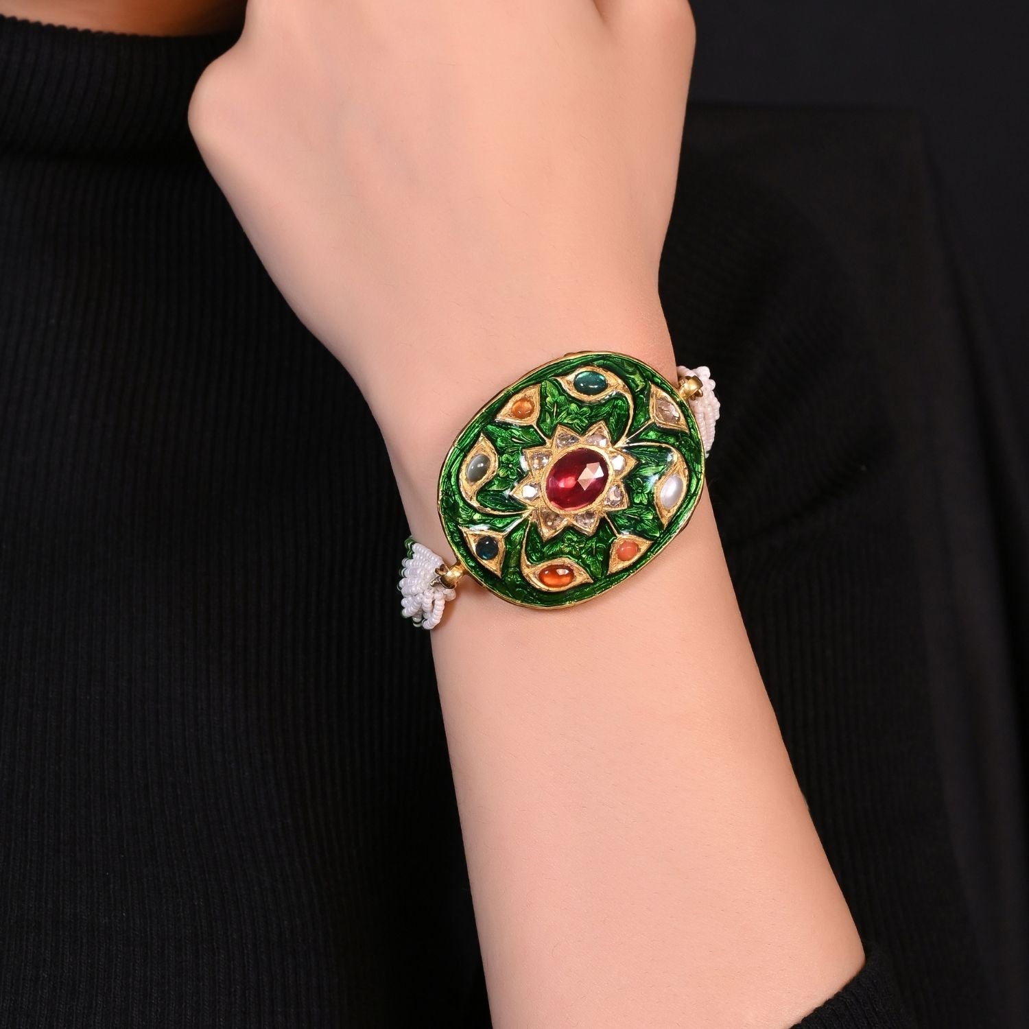 Green Enamel Navratan Bracelet