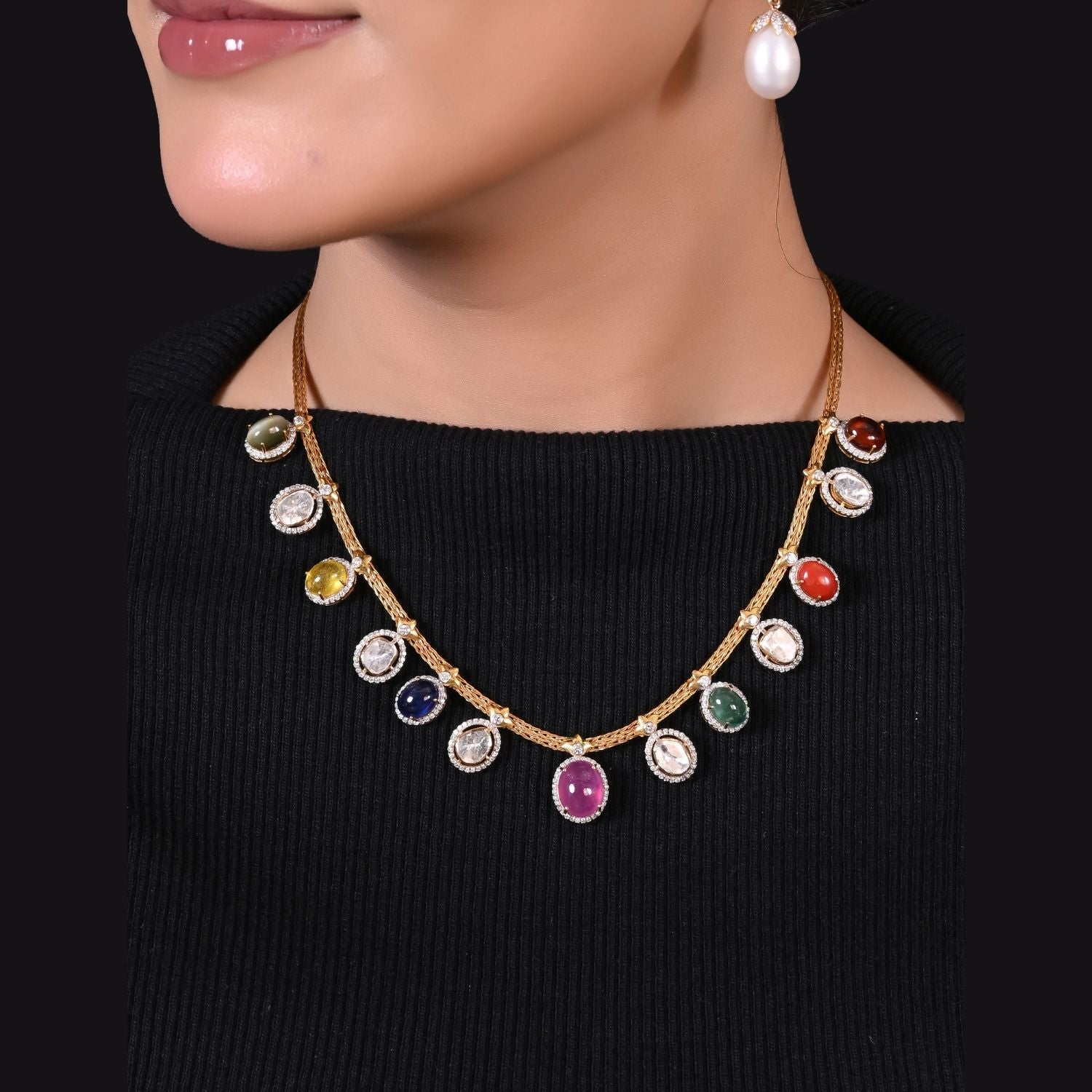 Gem Drop Navratna Necklace Set
